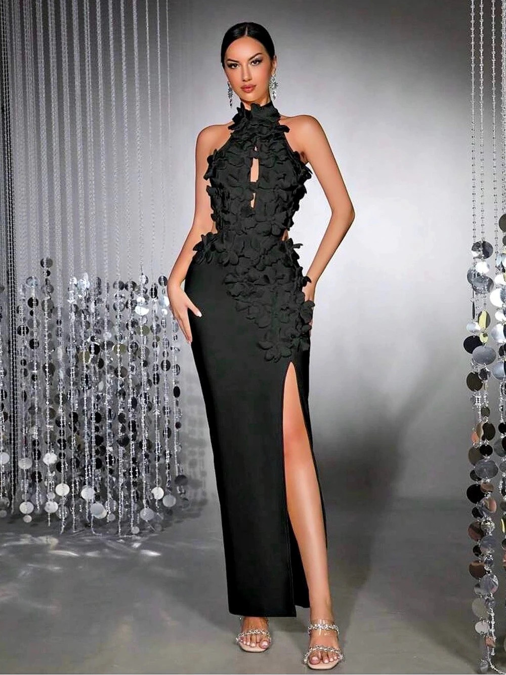 Shein Black 3D Floral Embroidered Halter Maxi Dress Floral
